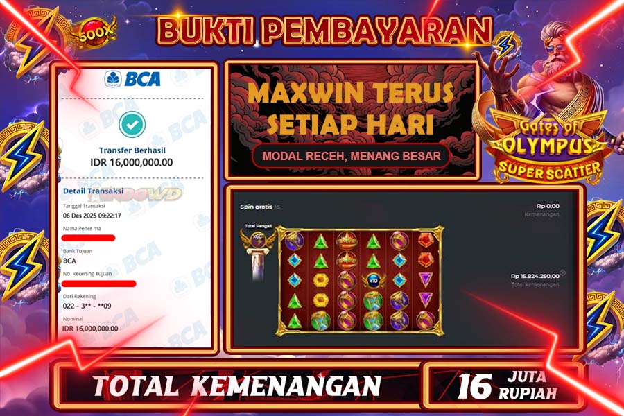 INDOWD JACKPOT SLOT GATE OF OLYMPUS SUPER SCATTER Rp 16.000.000,- LUNAS