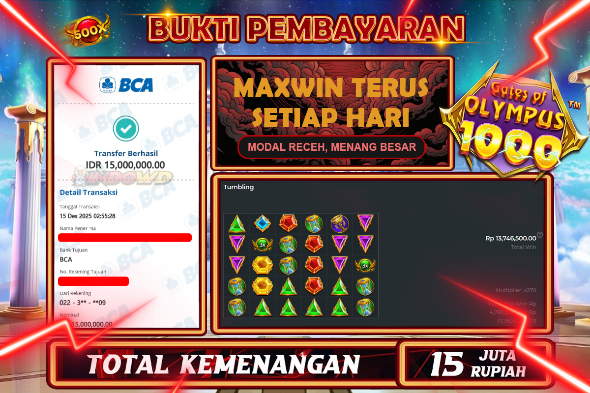 INDOWD JACKPOT SLOT GATES OF OLYMPUS 1000 Rp 15.000.000,- LUNAS