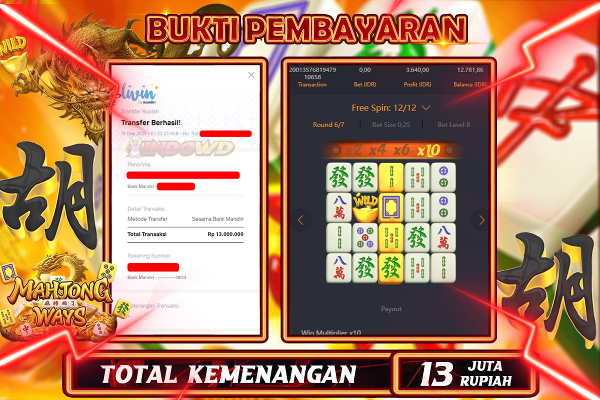 INDOWD JACKPOT SLOT MAHJONG WAYS 1 Rp 13.000.000,- LUNAS